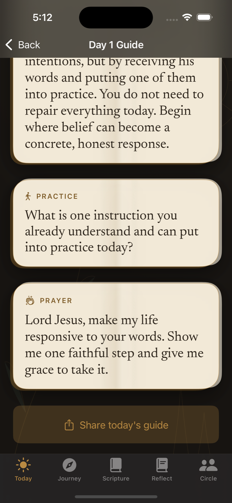 Day 1 meditation, practice, and prayer in Sacred Resolve